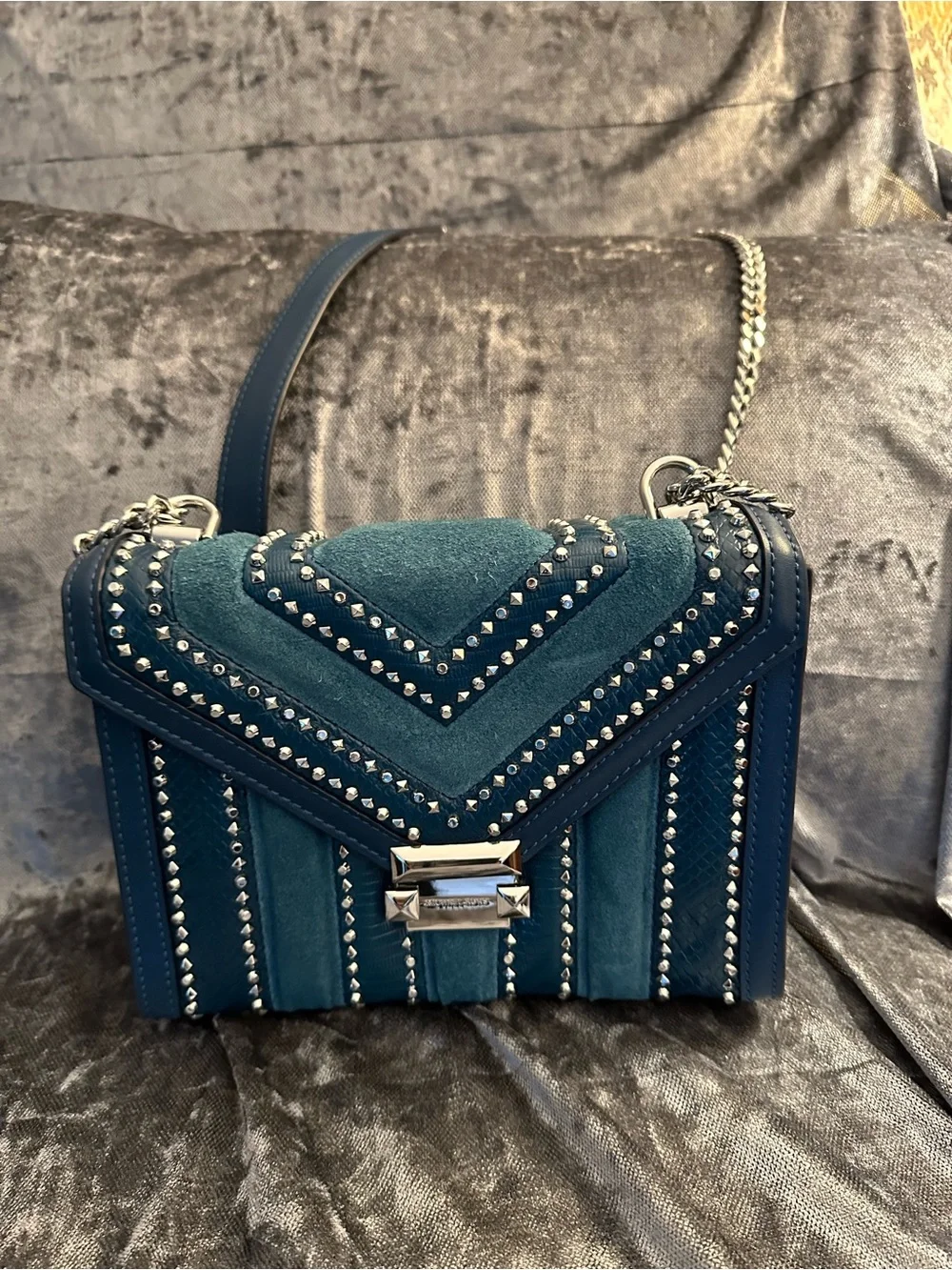 Michael Kors Teal Suede & Leather Studded Crossbody